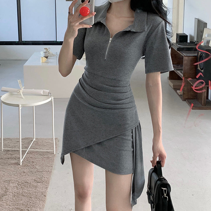 Irregular Polo Neck A-Line Hip Wrap Dress