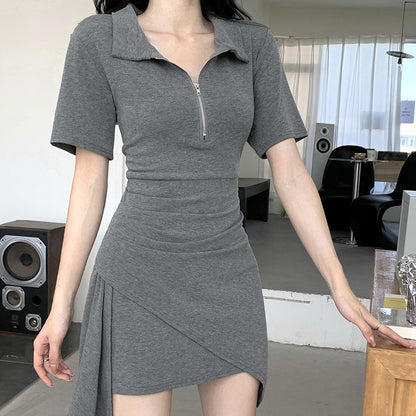 Irregular Polo Neck A-Line Hip Wrap Dress