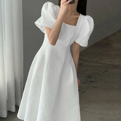 Double Layer Lined Puff Sleeve A-Line Dress