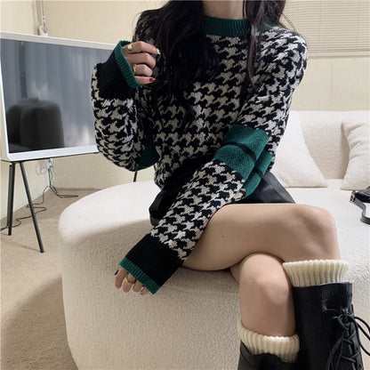 Round Neck Contrast Colorblock Pullover Long Sleeve Wool Knit Sweater