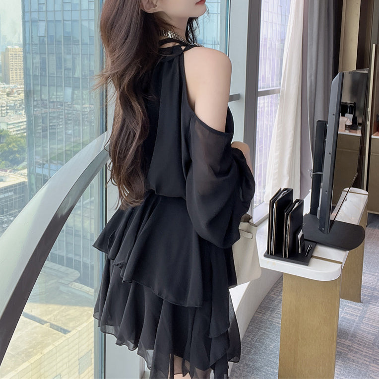 Sexy Off-The-Shoulder Long-Sleeved Shirt Cake Skirt Set