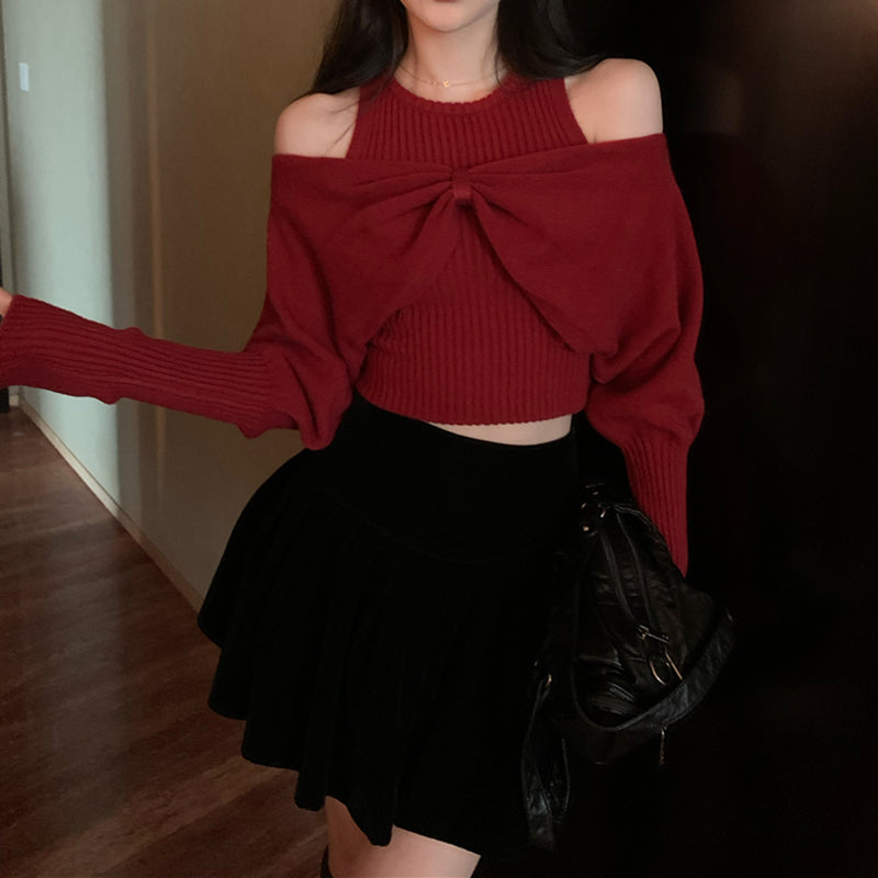 Sexy Off-Shoulder Two-Piece Bow Knot Sweater