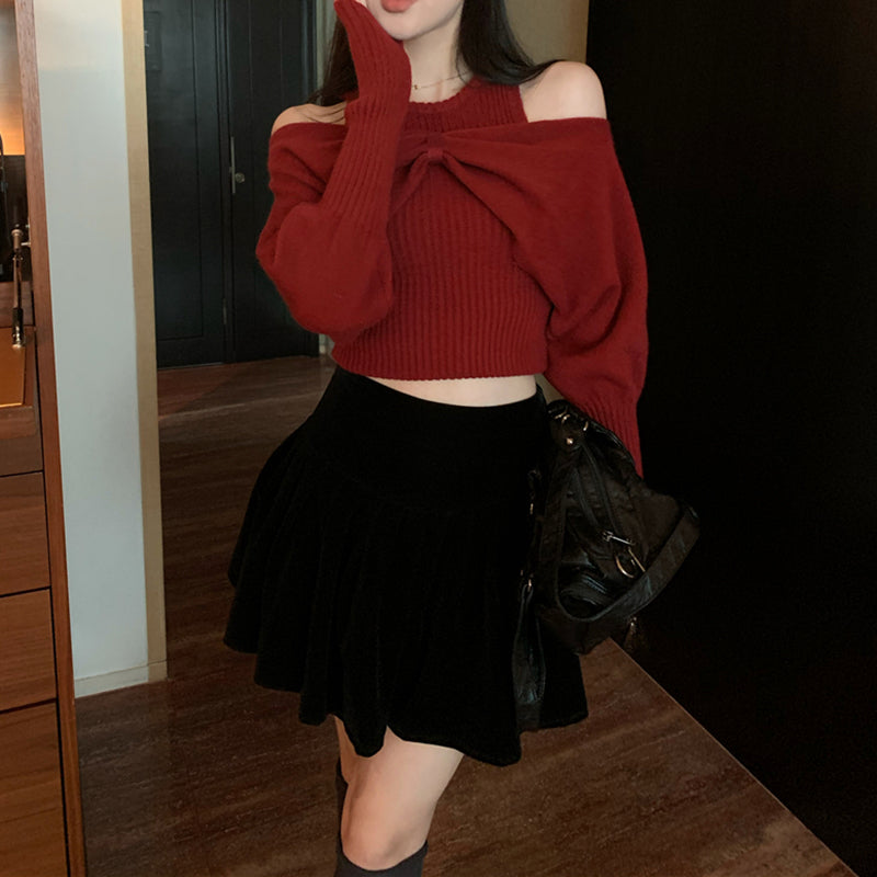 Sexy Off-Shoulder Two-Piece Bow Knot Sweater