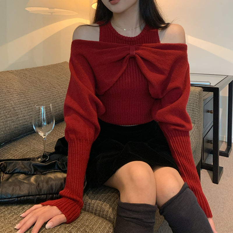 Sexy Off-Shoulder Two-Piece Bow Knot Sweater