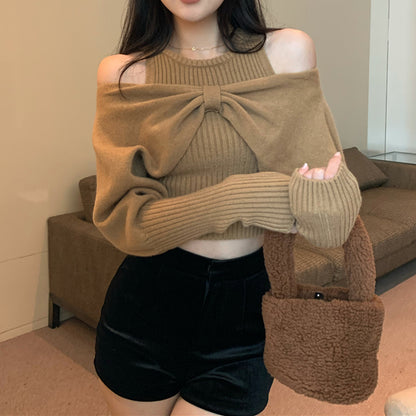 Sexy Off-Shoulder Two-Piece Bow Knot Sweater