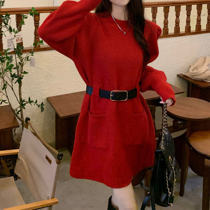 Round Neck Double Pocket Waist Slim Casual Knit Dress