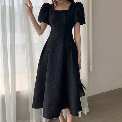 Double Layer Lined Puff Sleeve A-Line Dress