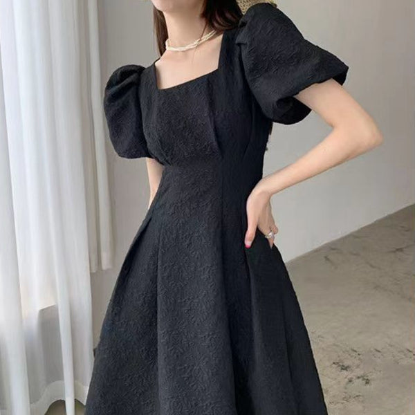 Double Layer Lined Puff Sleeve A-Line Dress