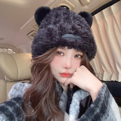 Warm Plush Cute Bear Ear Cap Knitted Hat