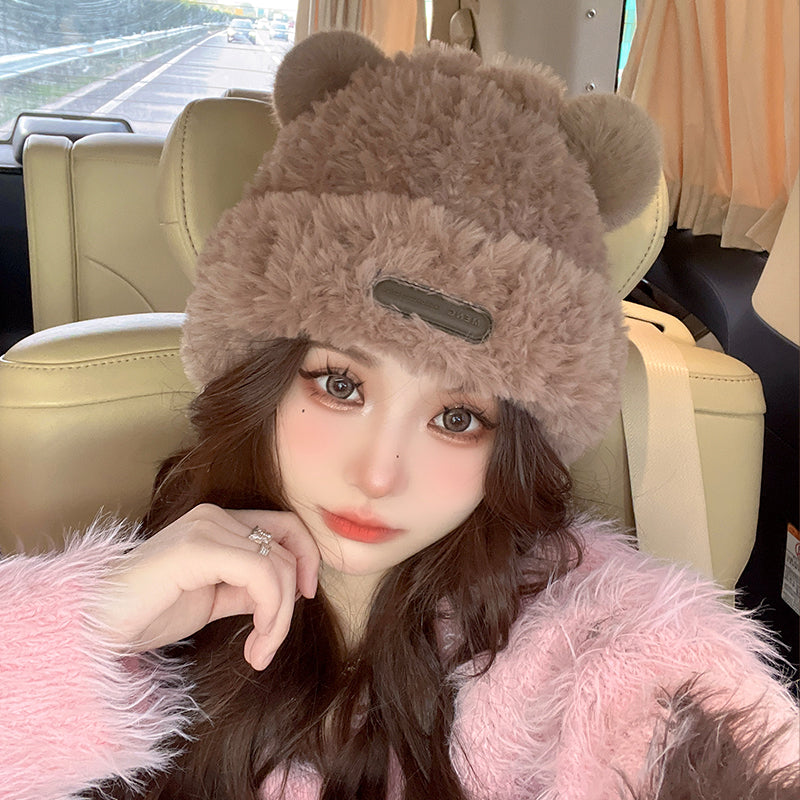 Warm Plush Cute Bear Ear Cap Knitted Hat