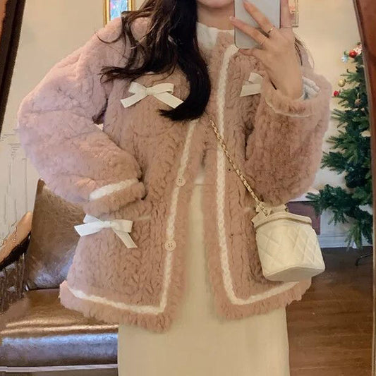 Retro Bow Plush Warm Sherpa Coat