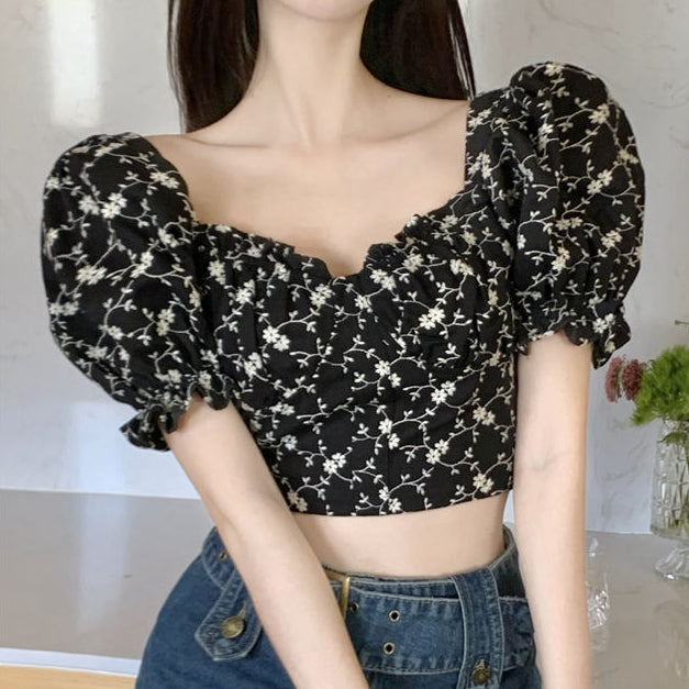 Puff Sleeve Shirt Floral Square Neck Top