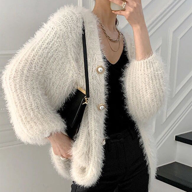 Single-Breasted Pearl-Button Cardigan Sweater Winter Coat