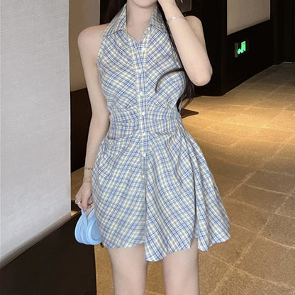 Check Vintage Single-Breasted Shirt Dress