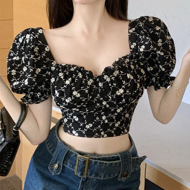 Puff Sleeve Shirt Floral Square Neck Top