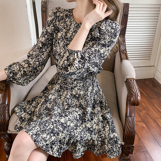 Retro Floral Long-Sleeved A-Line Chiffon Short Dress