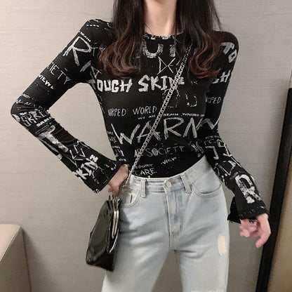 Printed Panel Crew Neck Long Sleeve T-Shirt