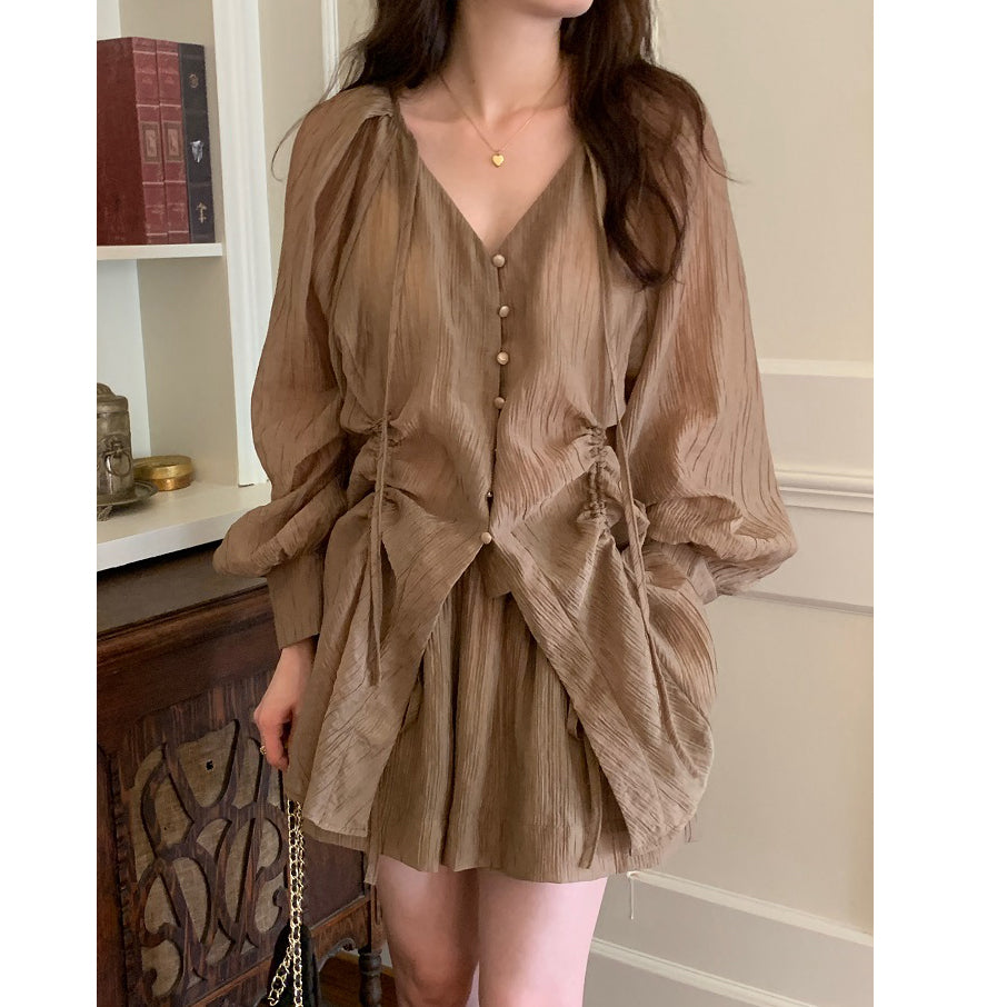 V-Neck Tie Drawstring Shirt High Waist Wide-Leg Shorts Set