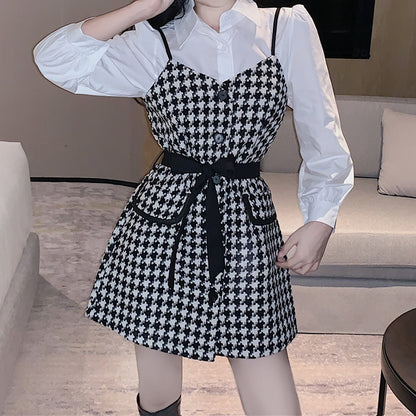 Houndstooth Lace Up Suspender Dress White Shirt Set