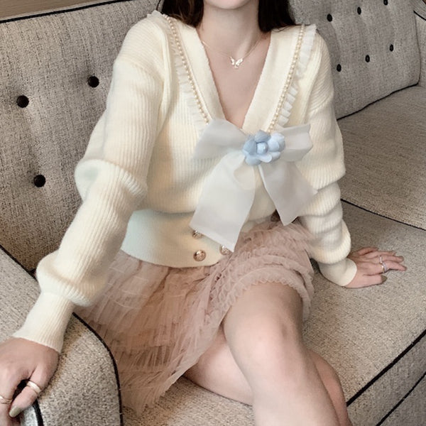 Bow V-Neck Long Sleeve Cropped Knit Cardigan