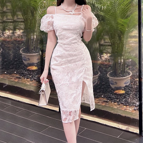 Puff Sleeve Butterfly White Slit Slim Cocktail Dress