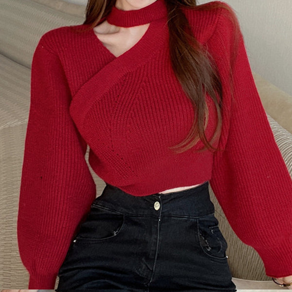 V-Neck Puff Sleeve Warm Knitted Sweater Top