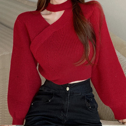 V-Neck Puff Sleeve Warm Knitted Sweater Top