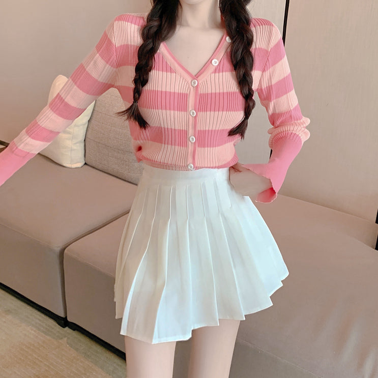 V-Neck Striped Knitted Cardigan Pleated Skirt Suit