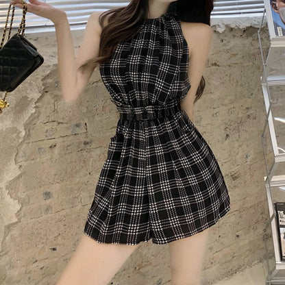 Plaid Casual High-Rise Jumpsuit Shorts  Romper