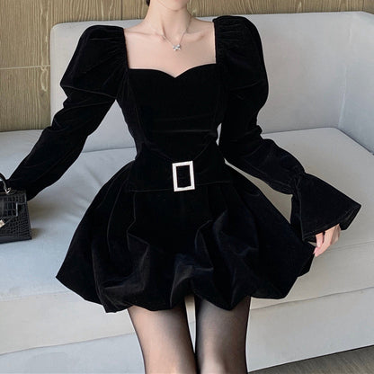 Trumpet Sleeve Velvet Square Neck Waist Black Dress