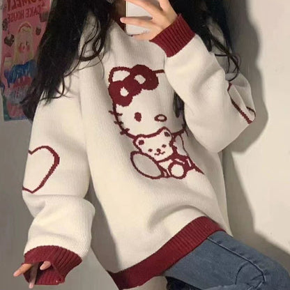 Loose Soft Contrast Color Cartoon Hello Kitty Knit Sweater Top