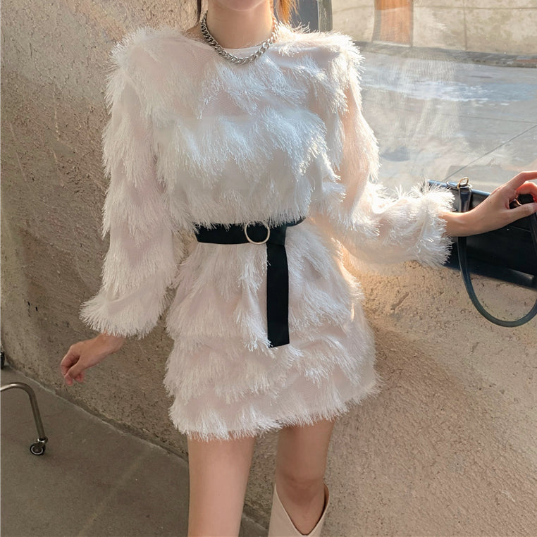 Fringe Long Sleeve Dress With Round Neck And Belt