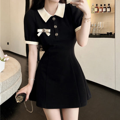 Bow Knot Polo Neck Short Sleeve Casual Dress