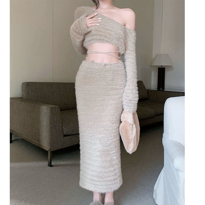 Furry Short Top High Waist Long Skirt Suit