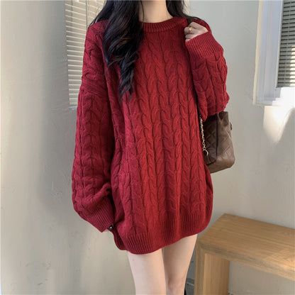 Red Twist Round Neck Loose Knit Sweater Top