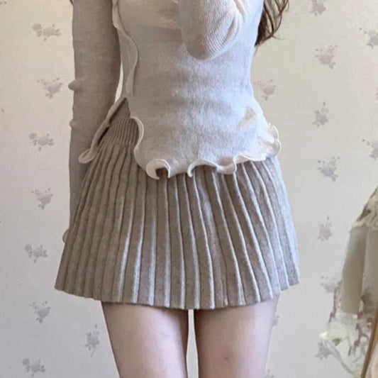 70% Fungus-Trimmed Elastic Knitted Top Pleated Skirt Set