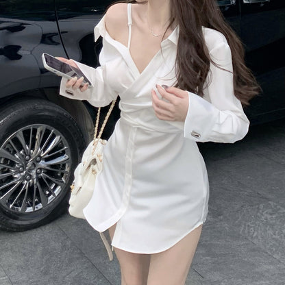 Satin Off Shoulder Long Sleeve Shirt Dress