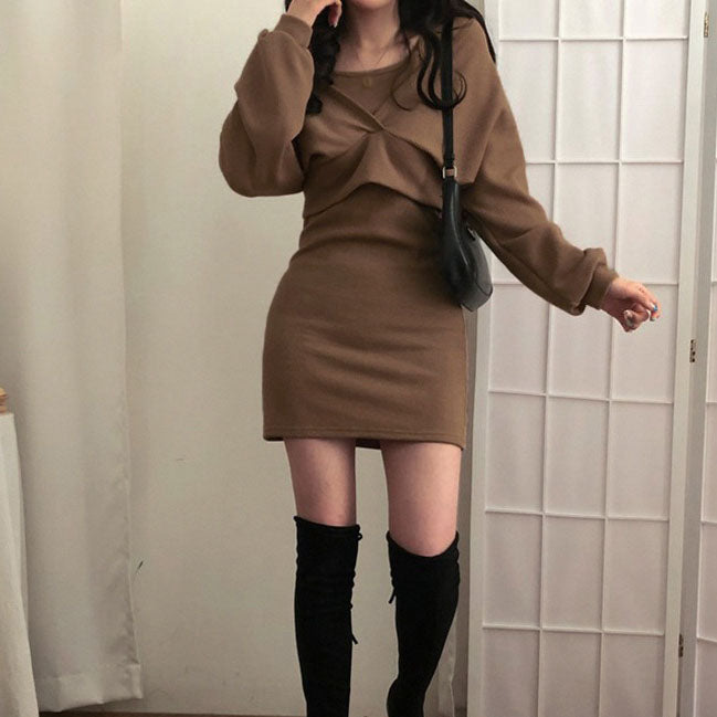 V-Neck Long Sleeve Off-Shoulder Short Dress Two-Piece Suit