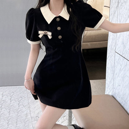 Bow Knot Polo Neck Short Sleeve Casual Dress