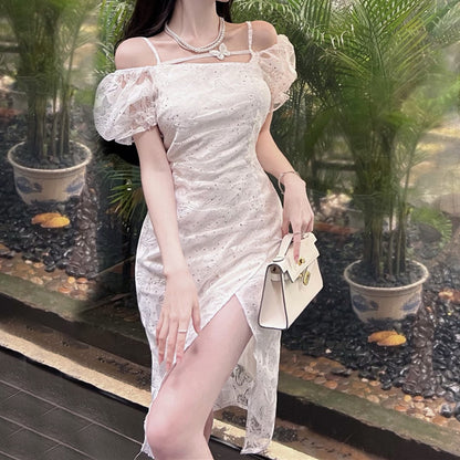 Puff Sleeve Butterfly White Slit Slim Cocktail Dress