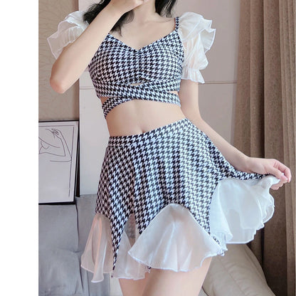 Houndstooth Short Sleeve Sexy Split Swimsuit