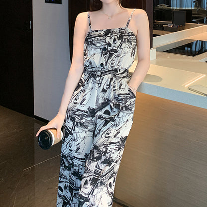 Ink Print Pocket Wide-Leg Suspender Jumpsuit