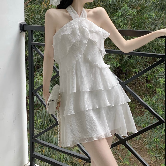 White Simple Ruffle Pleated Cake Halter Prom Dress