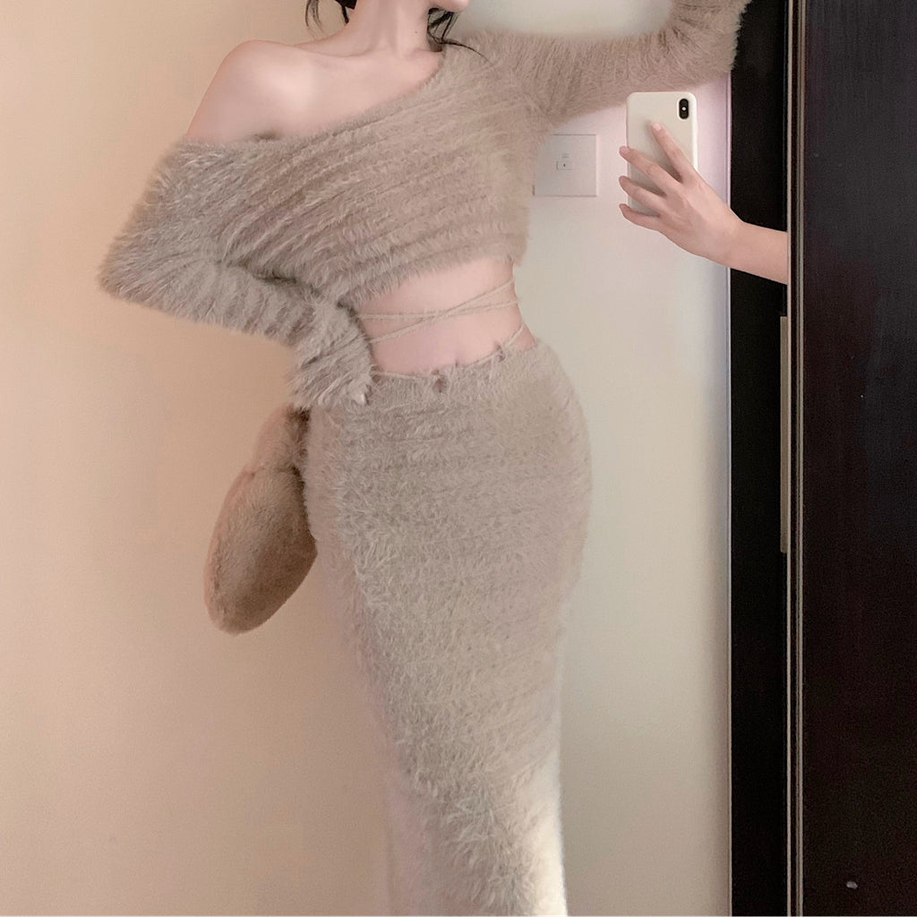 Furry Short Top High Waist Long Skirt Suit