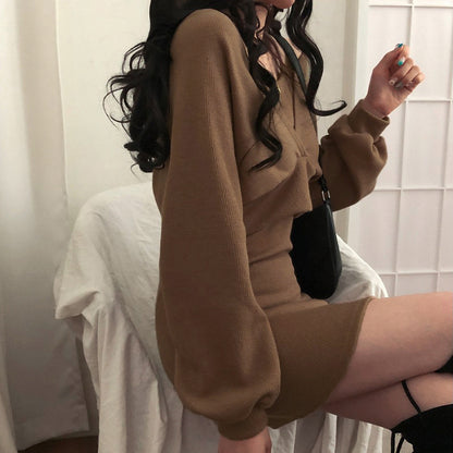 V-Neck Long Sleeve Off-Shoulder Short Dress Two-Piece Suit