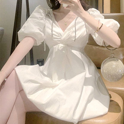 Puff Sleeve V-Neck Fluffy White Dress