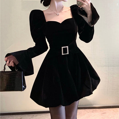 Trumpet Sleeve Velvet Square Neck Waist Black Dress