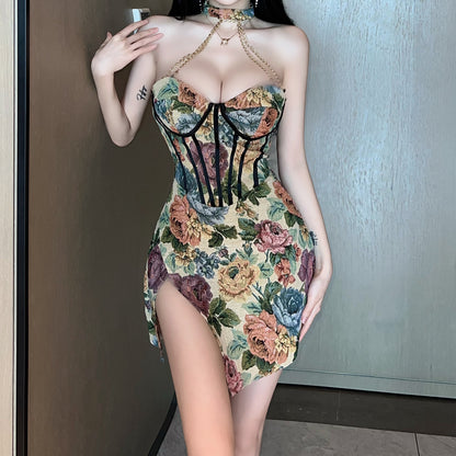 Low Cut Oil Painting Printing Irregular Slit Dress