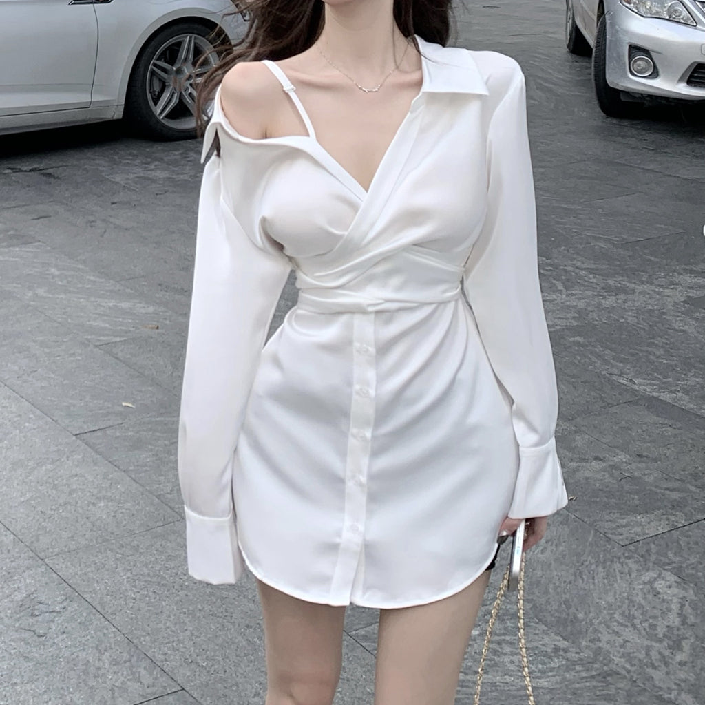 Satin Off Shoulder Long Sleeve Shirt Dress