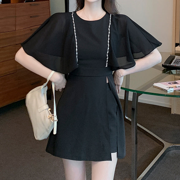 Bat Sleeve Slim Fit Black Dress Shorts Set